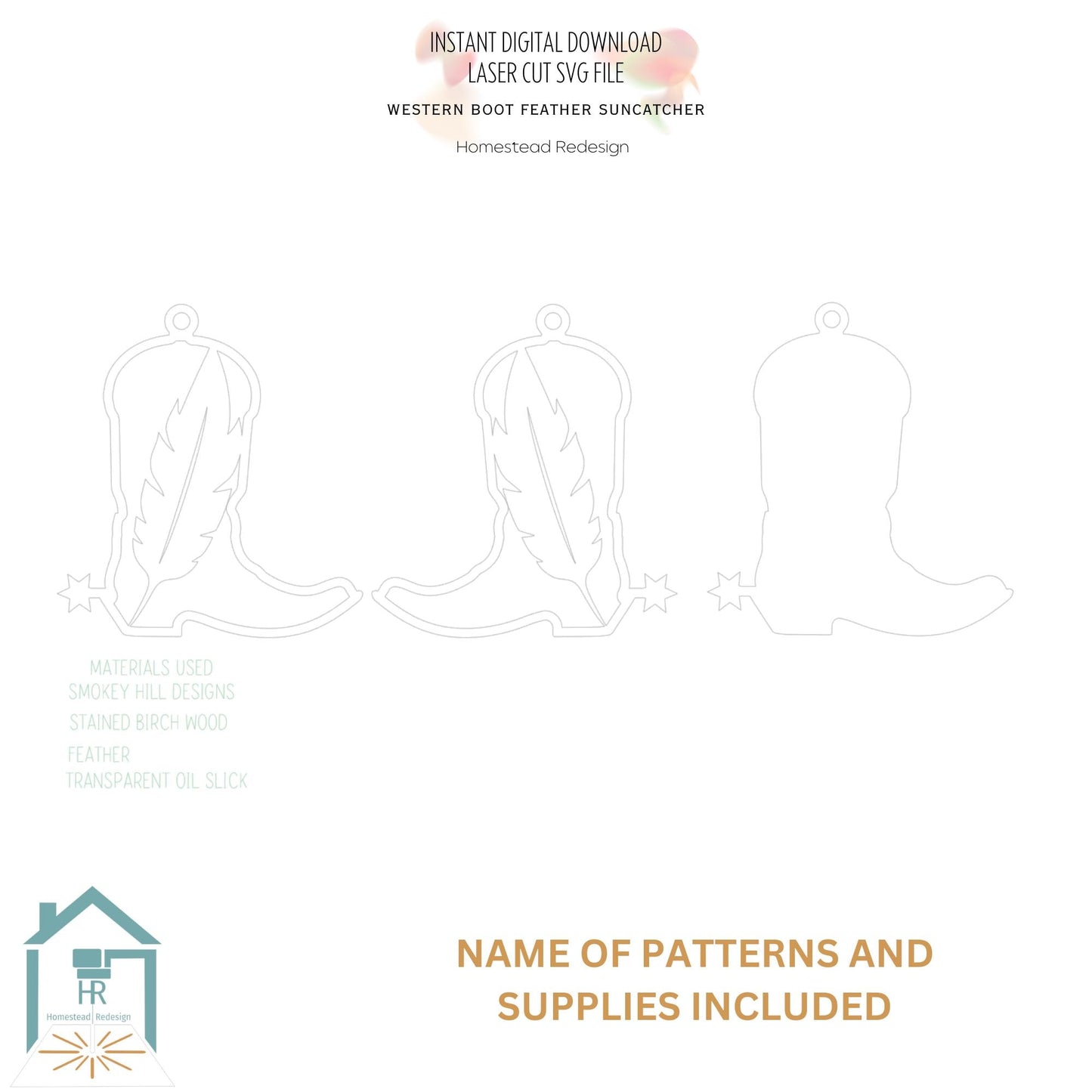Western Boot Feather Sun catcher. laser ready cut file, Unlimited Commercial use SVG Instant digital download.