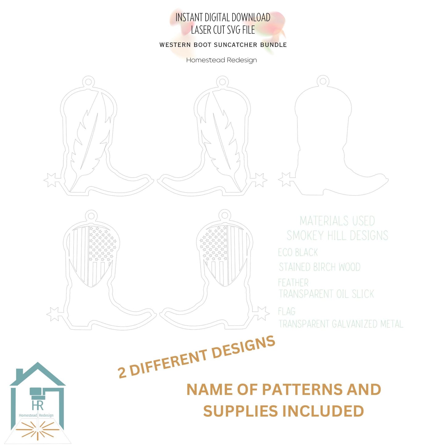 Western Boot Sun Catcher Bundle. Feather, Guitar pick flag. laser ready cut file, unlimited Commerical use SVG Instant digital download.
