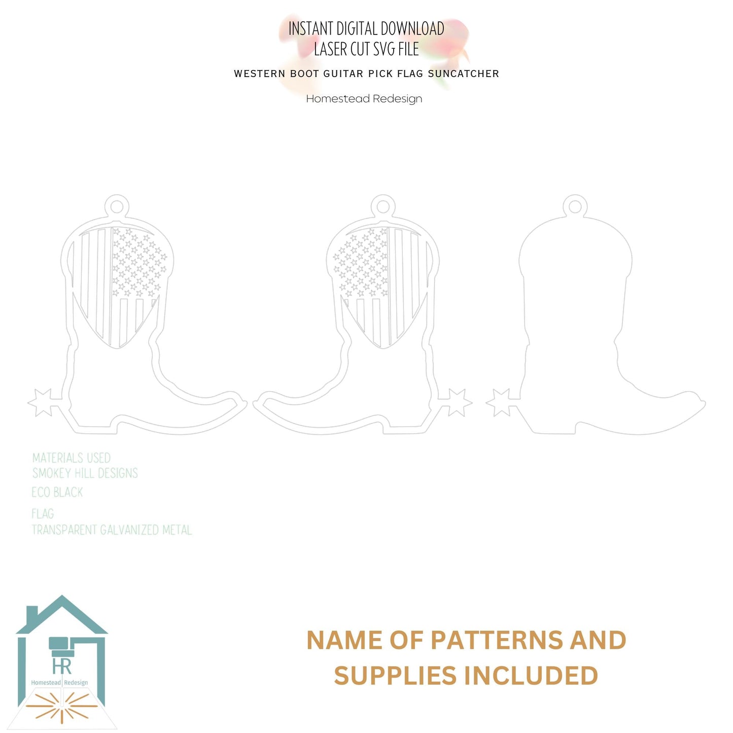 Western Boot Suncatcher Guitar pick flag. Laser ready cut file, unlimited Commercial use SVG Instant digital download.