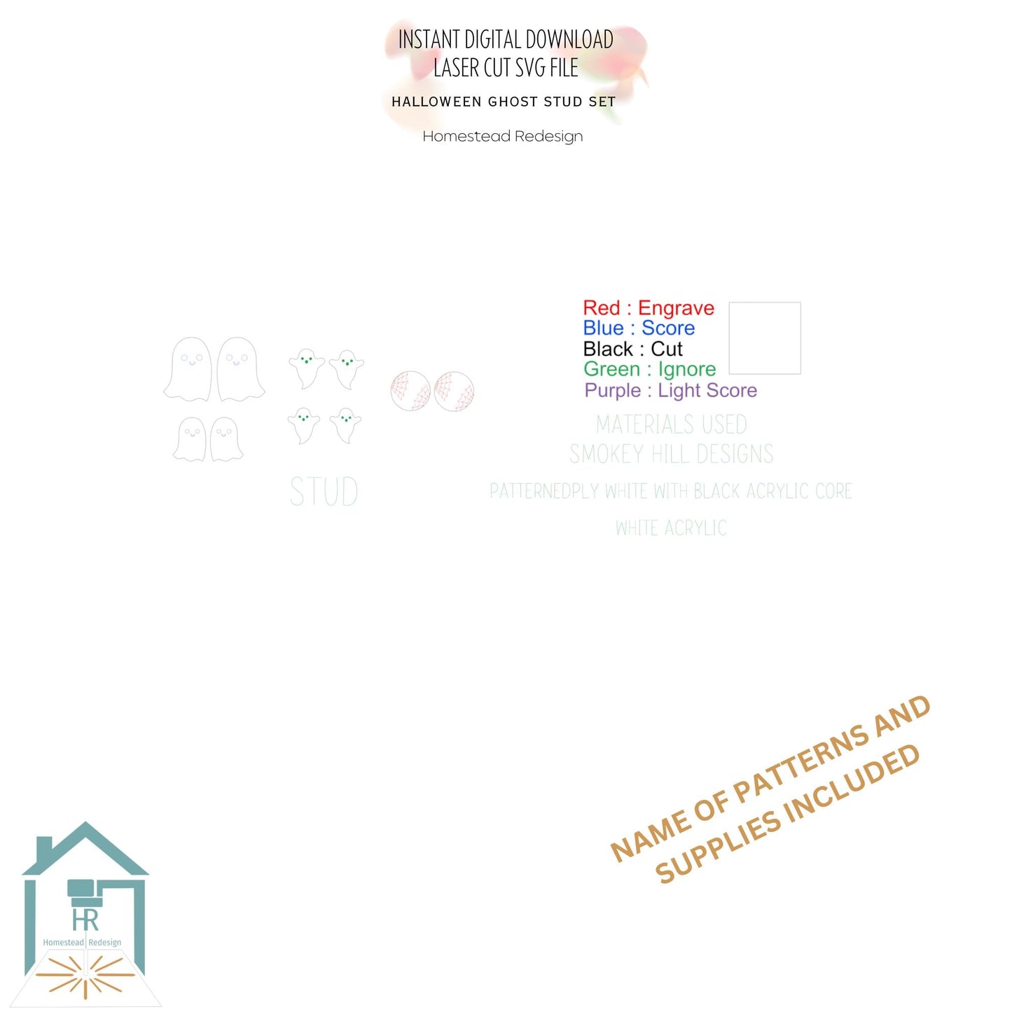 Halloween Ghost stud earring set. Laser ready jewelry engrave and cut file, SVG Instant digital download.