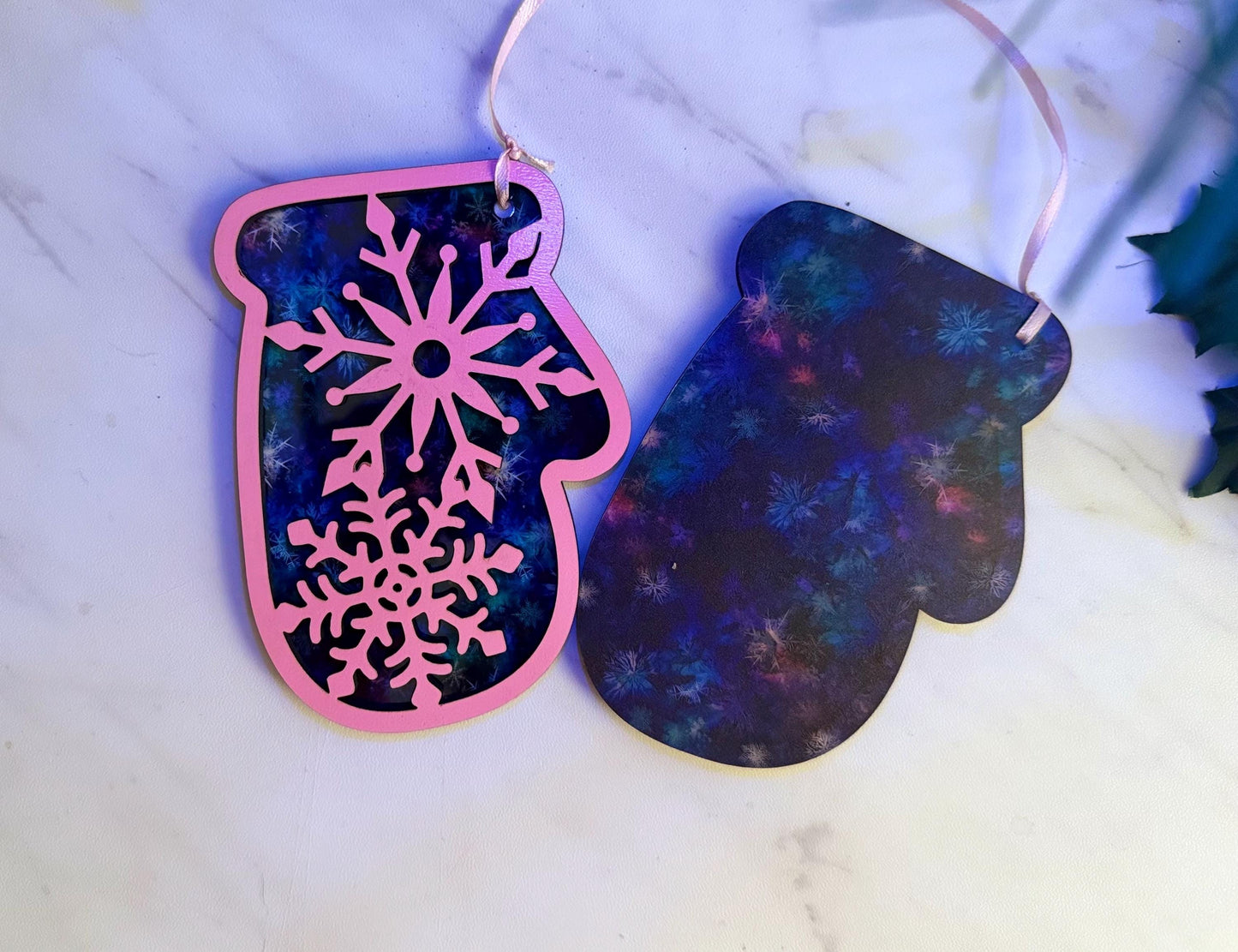 Snowflake mittens ornament, snowflake theme Christmas tree decoration, one available, Product sample, one of a kind laser cut decor.
