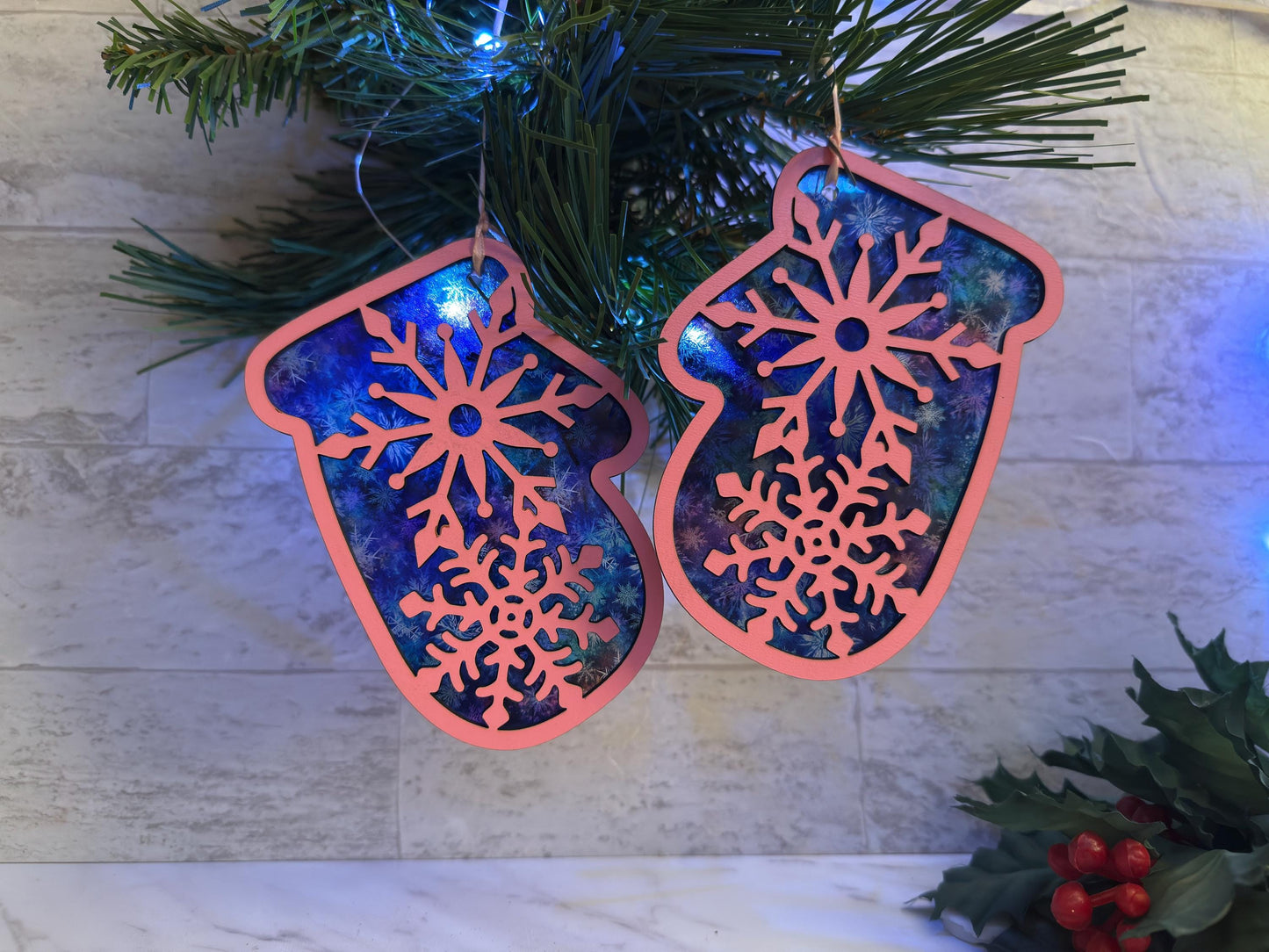 Snowflake mittens ornament, snowflake theme Christmas tree decoration, one available, Product sample, one of a kind laser cut decor.