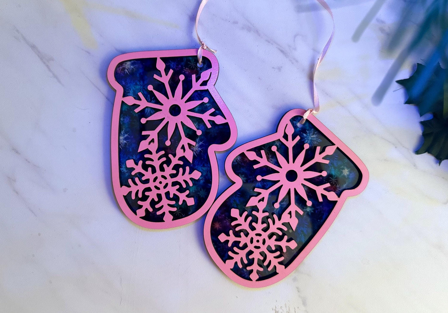 Snowflake mittens ornament, snowflake theme Christmas tree decoration, one available, Product sample, one of a kind laser cut decor.
