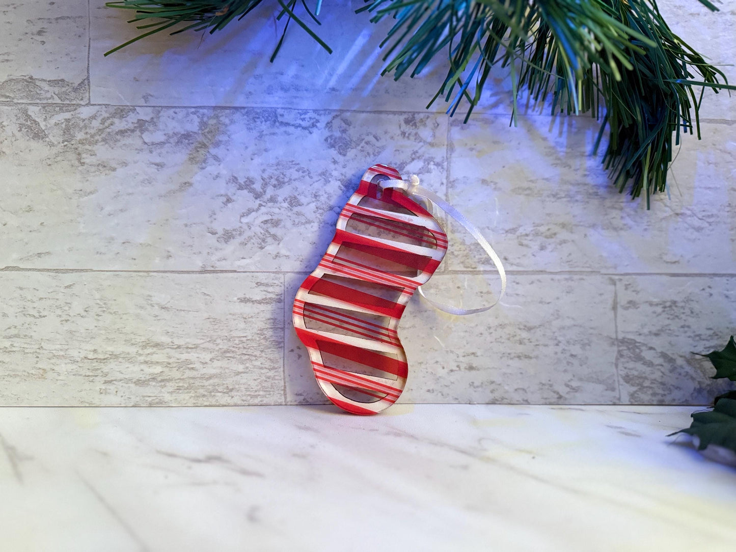 Stripe Stocking ornament, Christmas tree decoration, one available, Product sample, one of a kind laser cut decor.