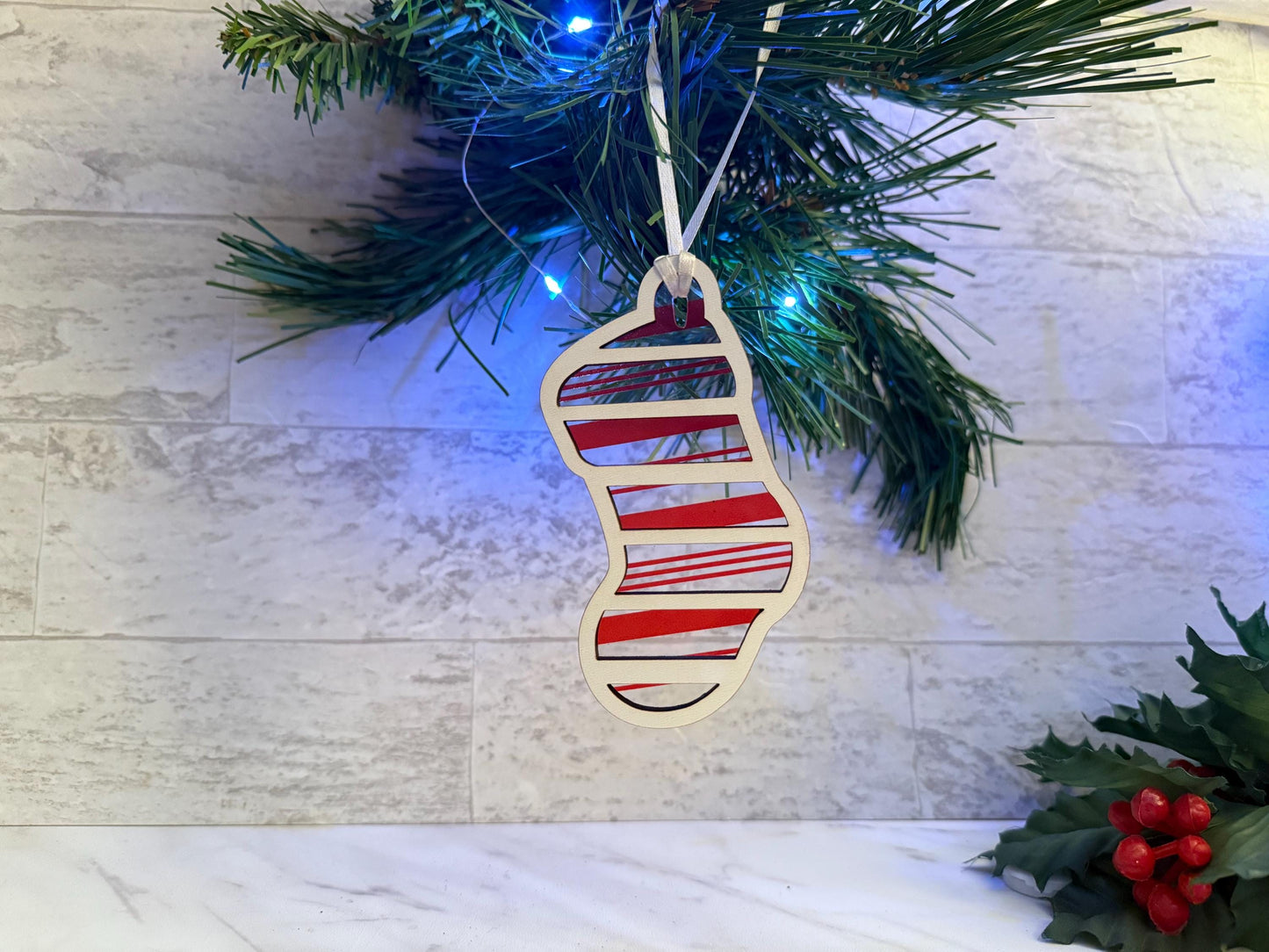 Stripe Stocking ornament, Christmas tree decoration, one available, Product sample, one of a kind laser cut decor.