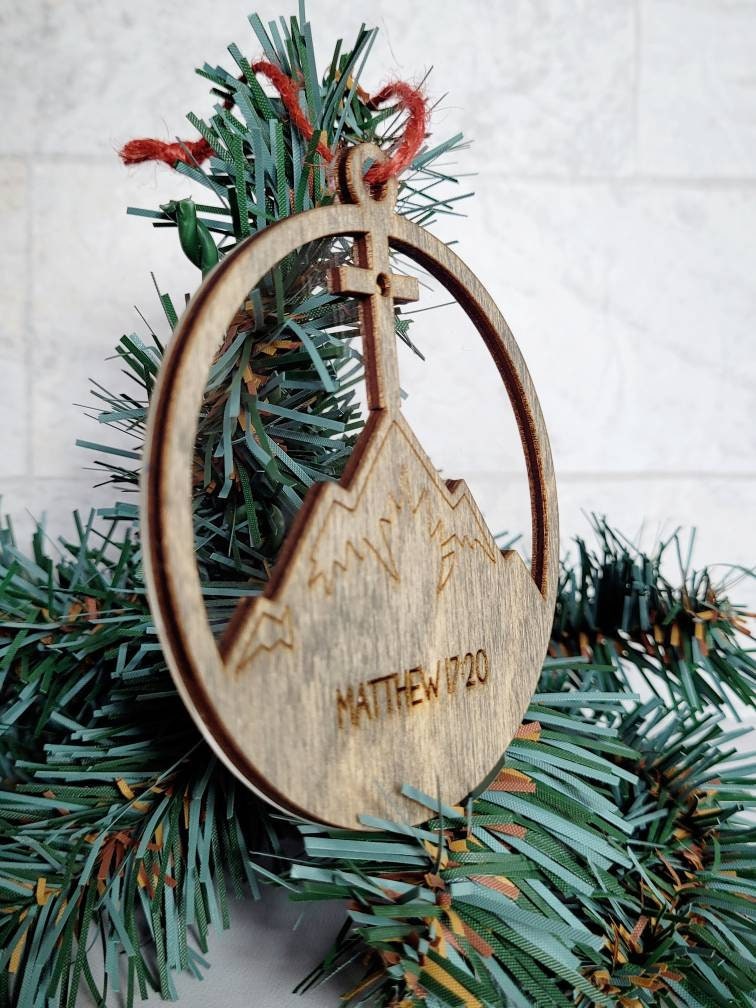 Faith can move mountains mustard seed ornament, Matthew 17:20, Christian, faith based religious laser cut tree decor.