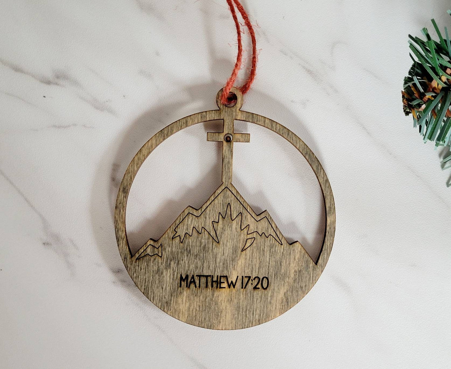 Faith can move mountains mustard seed ornament, Matthew 17:20, Christian, faith based religious laser cut tree decor.