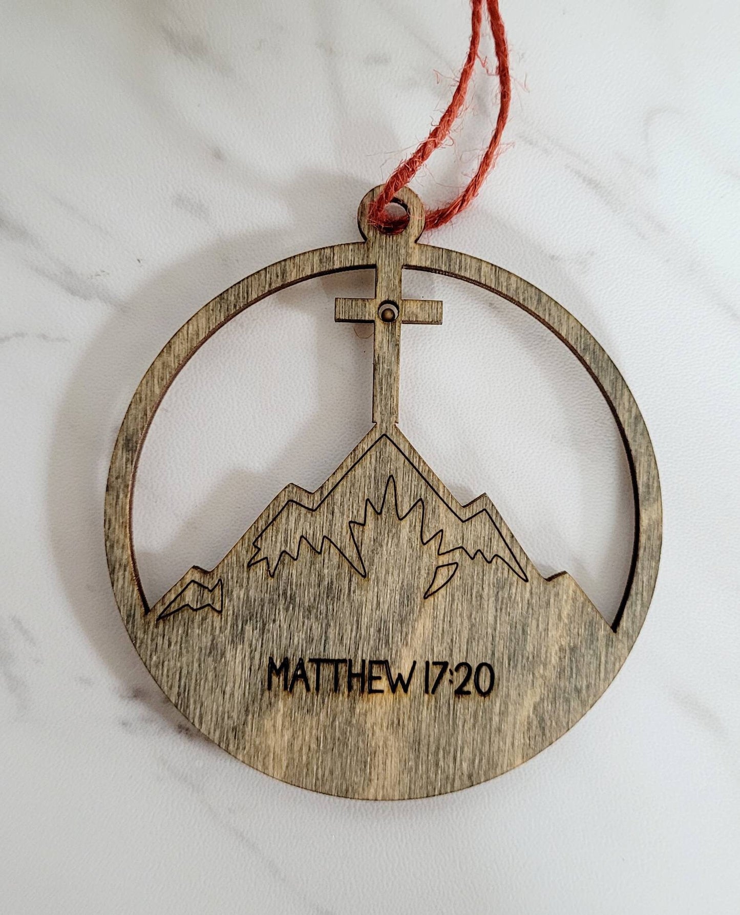 Faith can move mountains mustard seed ornament, Matthew 17:20, Christian, faith based religious laser cut tree decor.