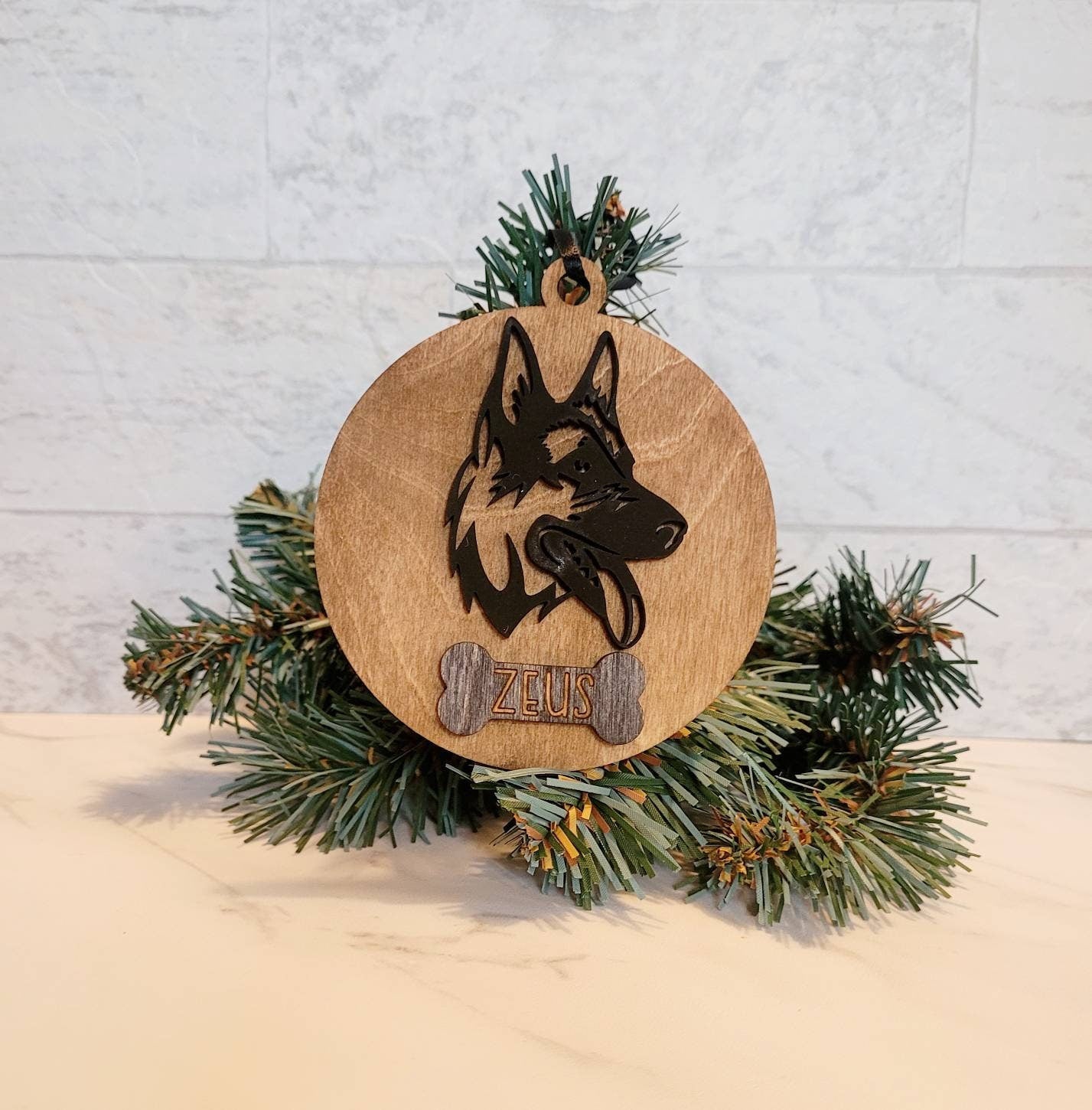 German shepherd Dog head ornament, Personalized custom GSD and dog bone shaped four legged friend Christmas gift, or memorial grief gift.