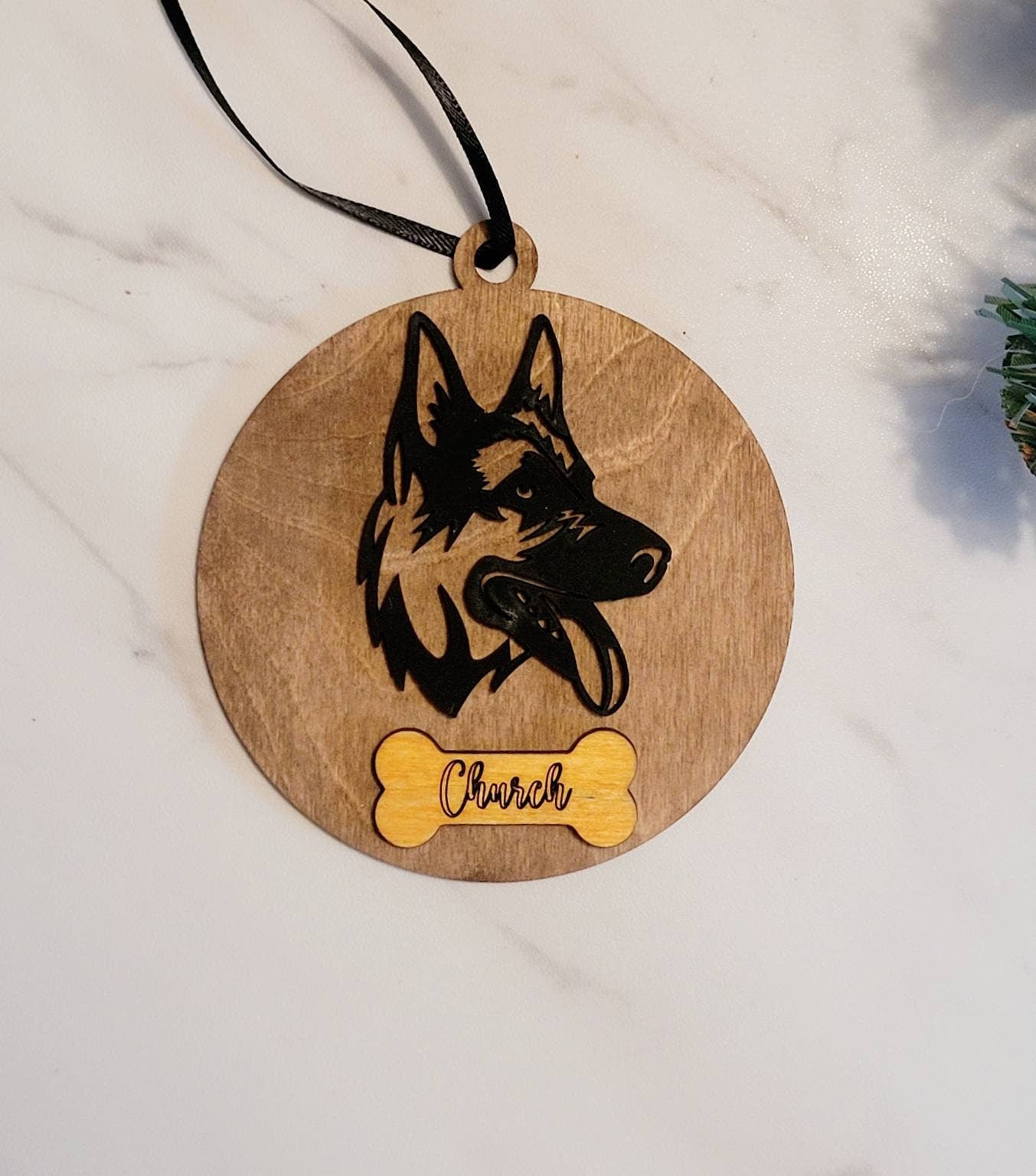 German shepherd Dog head ornament, Personalized custom GSD and dog bone shaped four legged friend Christmas gift, or memorial grief gift.