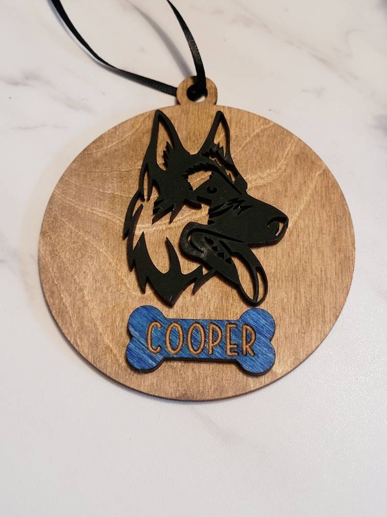 German shepherd Dog head ornament, Personalized custom GSD and dog bone shaped four legged friend Christmas gift, or memorial grief gift.