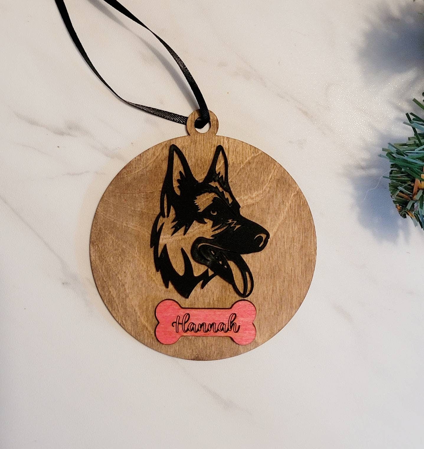 German shepherd Dog head ornament, Personalized custom GSD and dog bone shaped four legged friend Christmas gift, or memorial grief gift.
