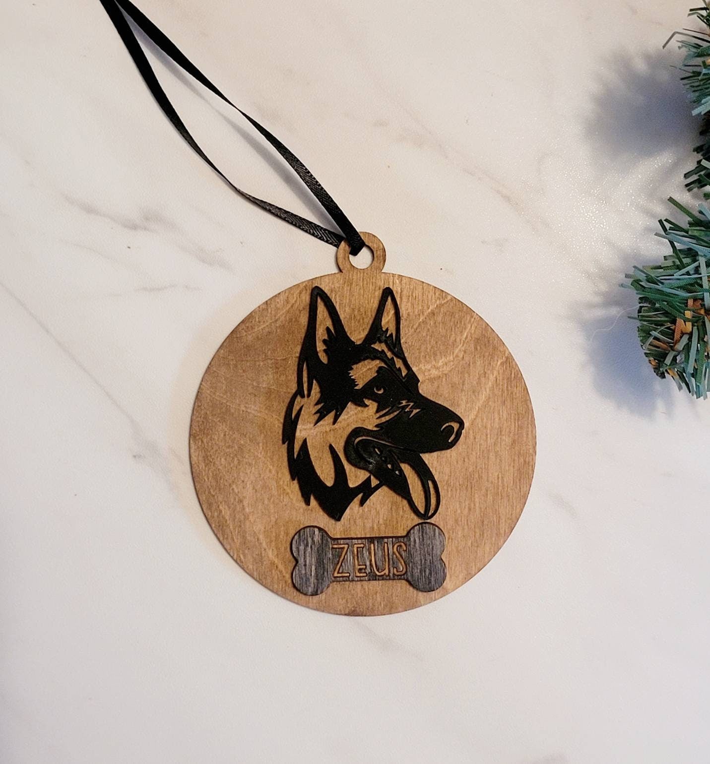 German shepherd Dog head ornament, Personalized custom GSD and dog bone shaped four legged friend Christmas gift, or memorial grief gift.