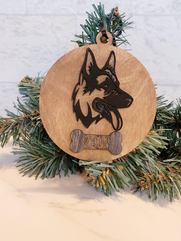 German shepherd Dog head ornament, Personalized custom GSD and dog bone shaped four legged friend Christmas gift, or memorial grief gift.