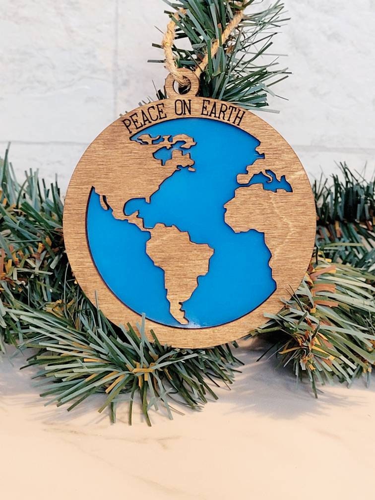 Peace on Earth laser cut Christmas ornament, World map and ocean layered ornament.