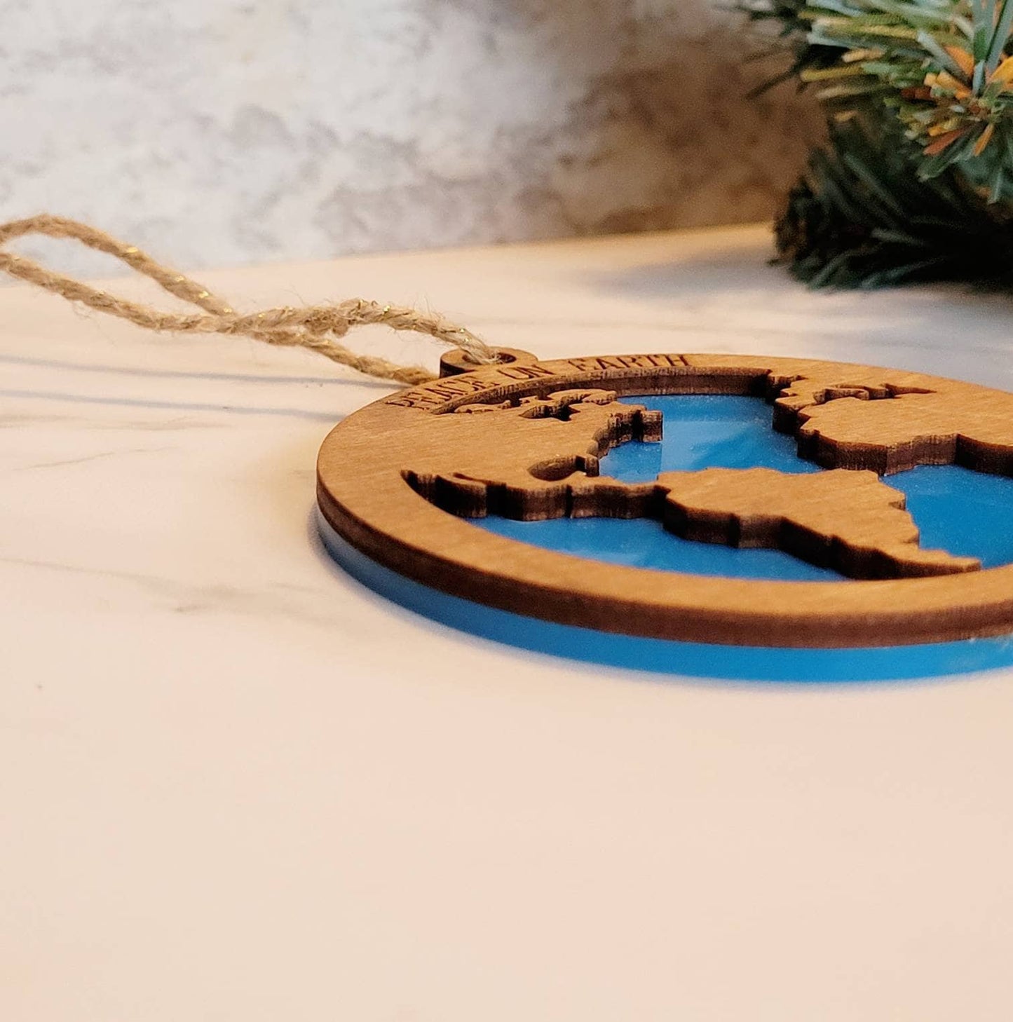 Peace on Earth laser cut Christmas ornament, World map and ocean layered ornament.