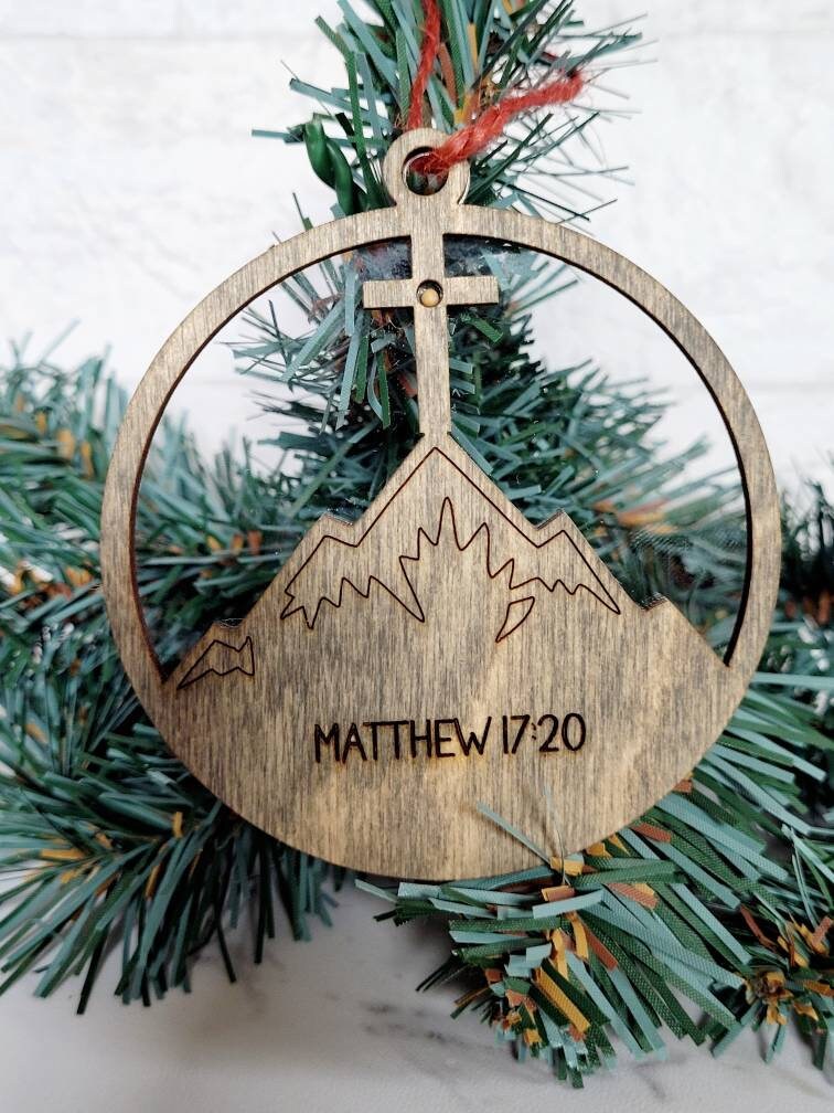 Faith can move mountains mustard seed ornament, Matthew 17:20, Christian, faith based religious laser cut tree decor.