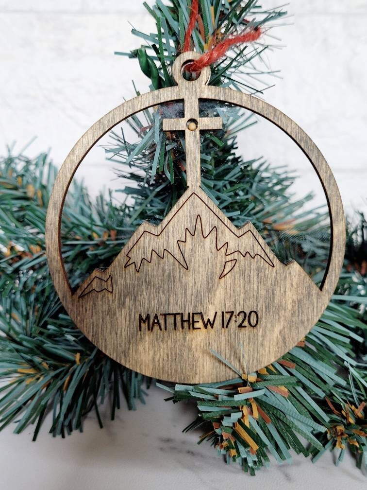 Faith can move mountains mustard seed ornament, Matthew 17:20, Christian, faith based religious laser cut tree decor.