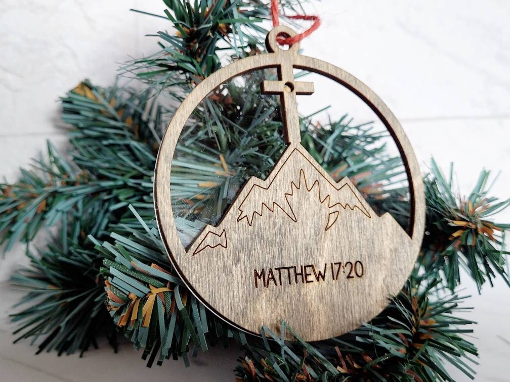 Faith can move mountains mustard seed ornament, Matthew 17:20, Christian, faith based religious laser cut tree decor.