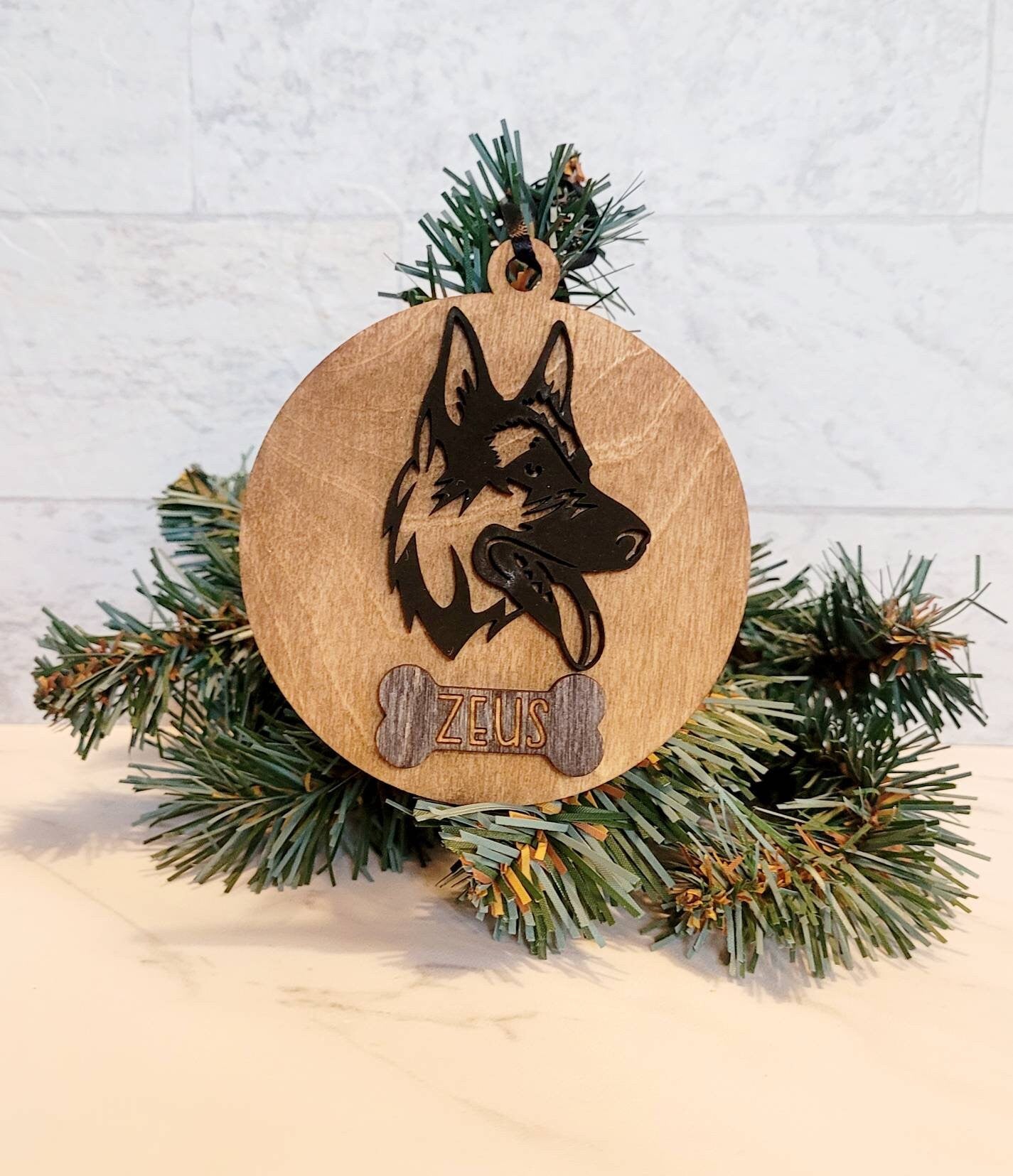 German shepherd Dog head ornament, Personalized custom GSD and dog bone shaped four legged friend Christmas gift, or memorial grief gift.