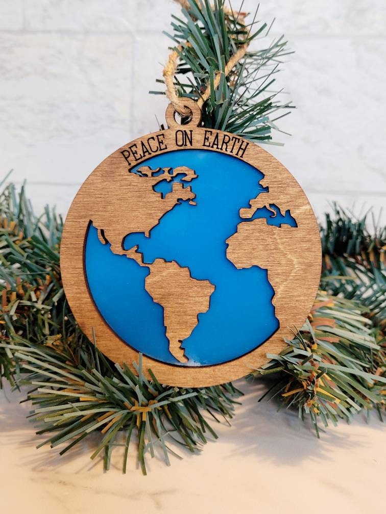 Peace on Earth laser cut Christmas ornament, World map and ocean layered ornament.