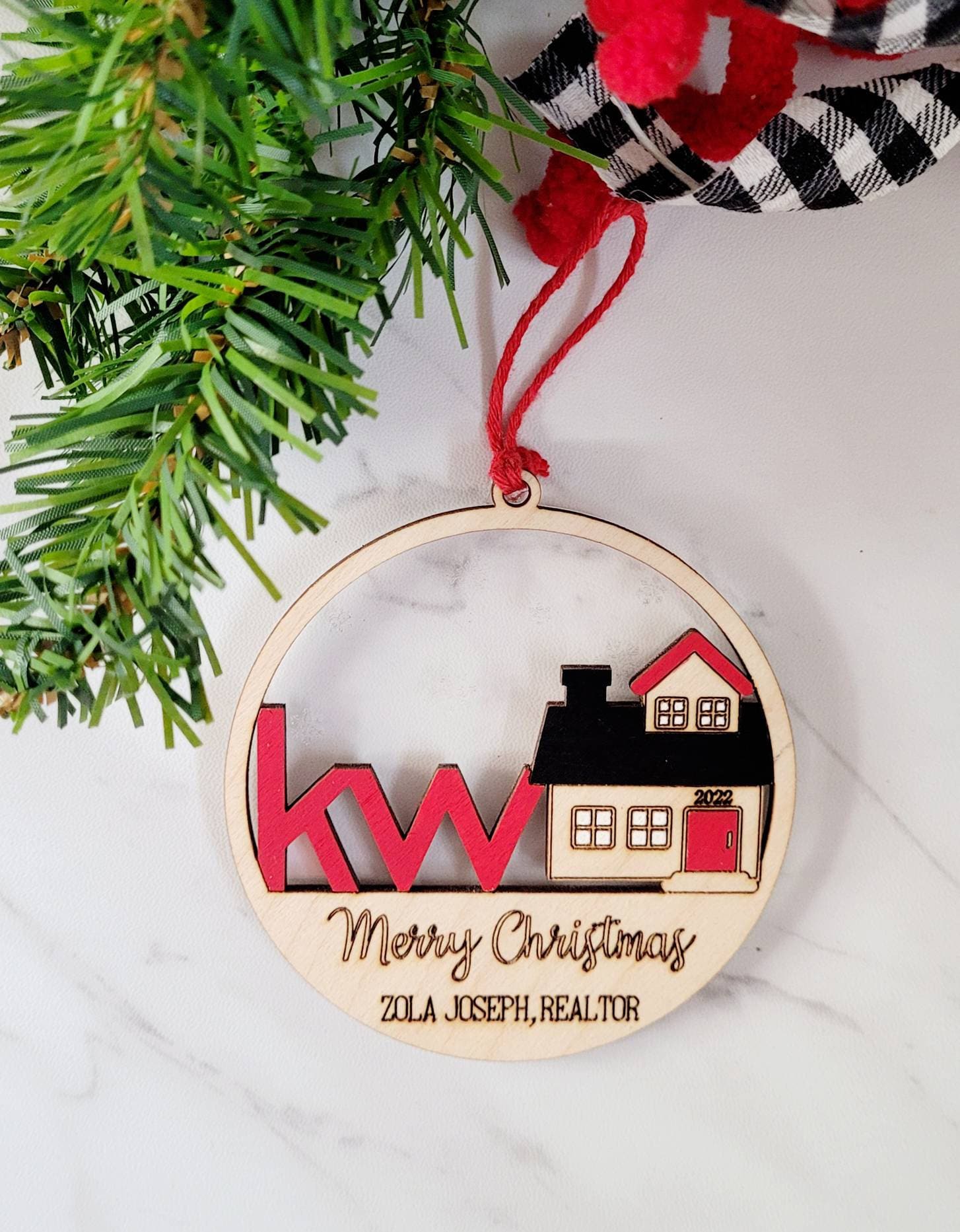 Realtor Ornament custom brokerage logo, client gift for Christmas, Real Estate Marketing gift products for Various Real Estate Companies.