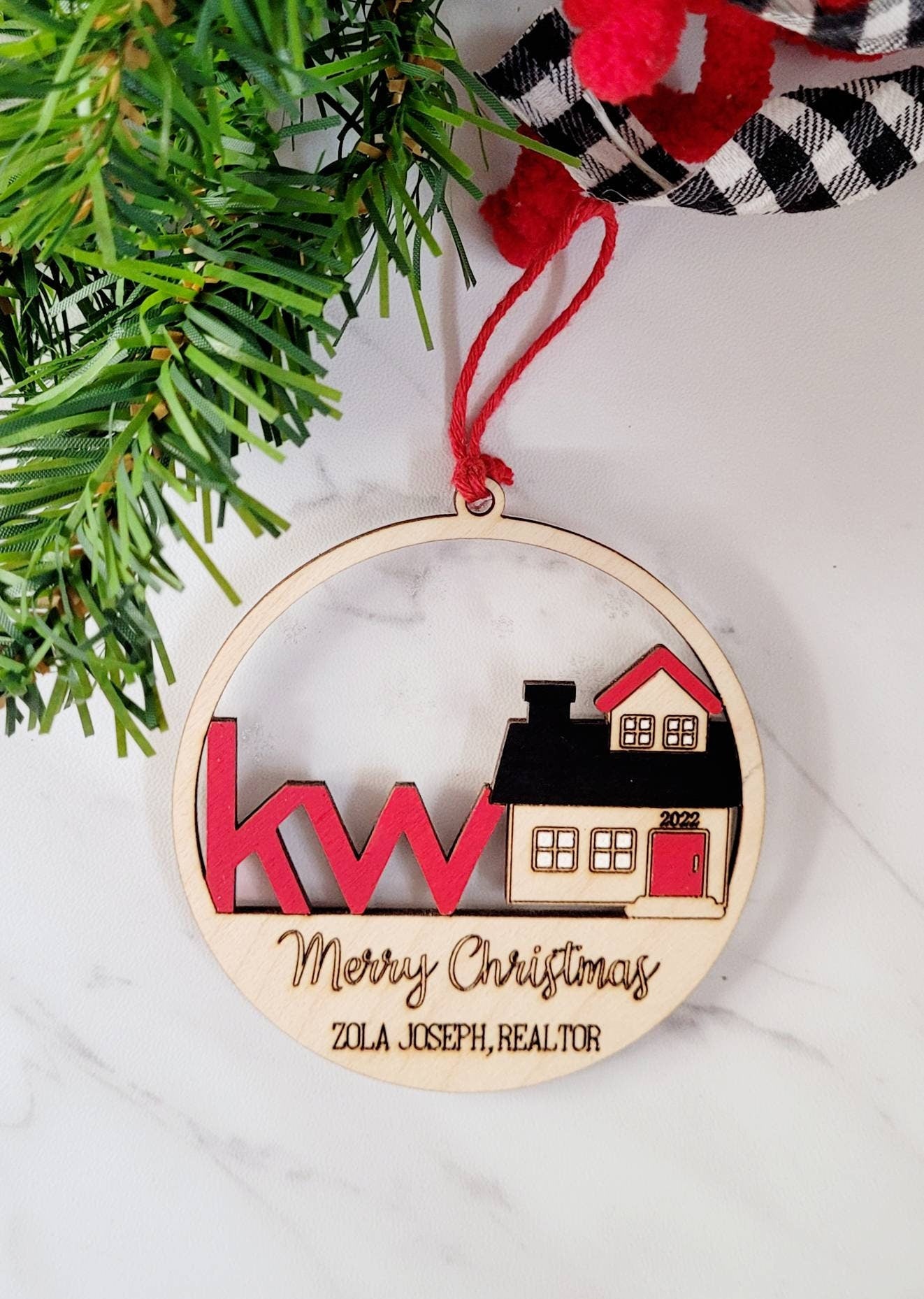 Realtor Ornament custom brokerage logo, client gift for Christmas, Real Estate Marketing gift products for Various Real Estate Companies.