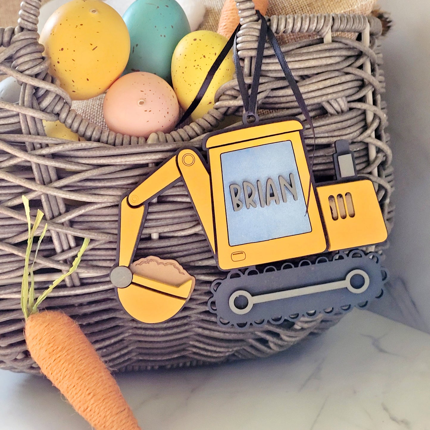 Excavator Easter basket name tag, Easter gift for boy.
