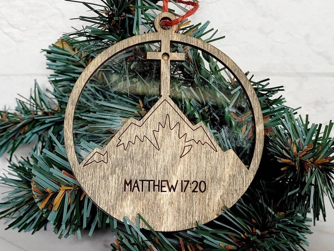 Faith can move mountains mustard seed ornament, Matthew 17:20, Christian, faith based religious laser cut tree decor.