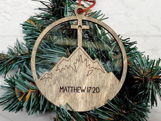 Faith can move mountains mustard seed ornament, Matthew 17:20, Christian, faith based religious laser cut tree decor.