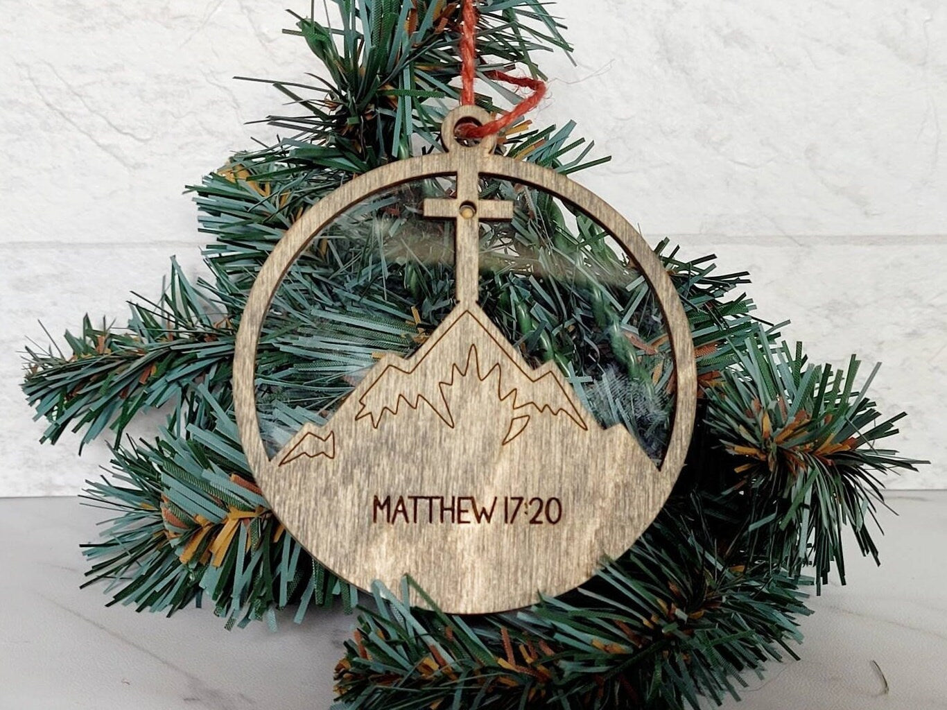 Faith can move mountains mustard seed ornament, Matthew 17:20, Christian, faith based religious laser cut tree decor.