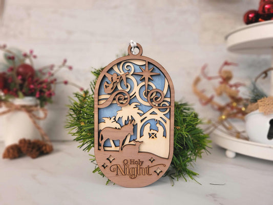 O Holy Night nativity ornament, layered wood laser cut decor, Christian Christmas ornament gift