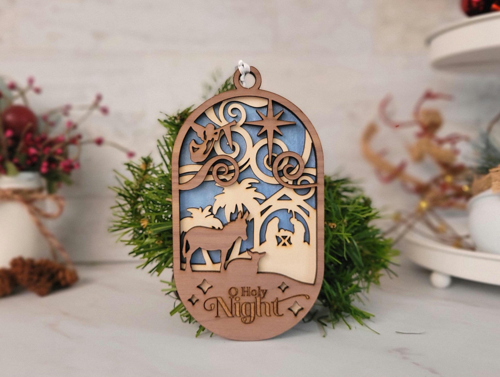 O Holy Night nativity ornament, layered wood laser cut decor, Christian Christmas ornament gift