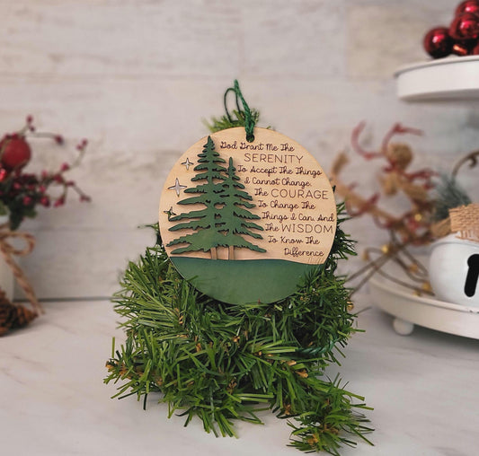 Serenity Prayer laser engraved and cut Christmas ornament, Recovery encouragement.