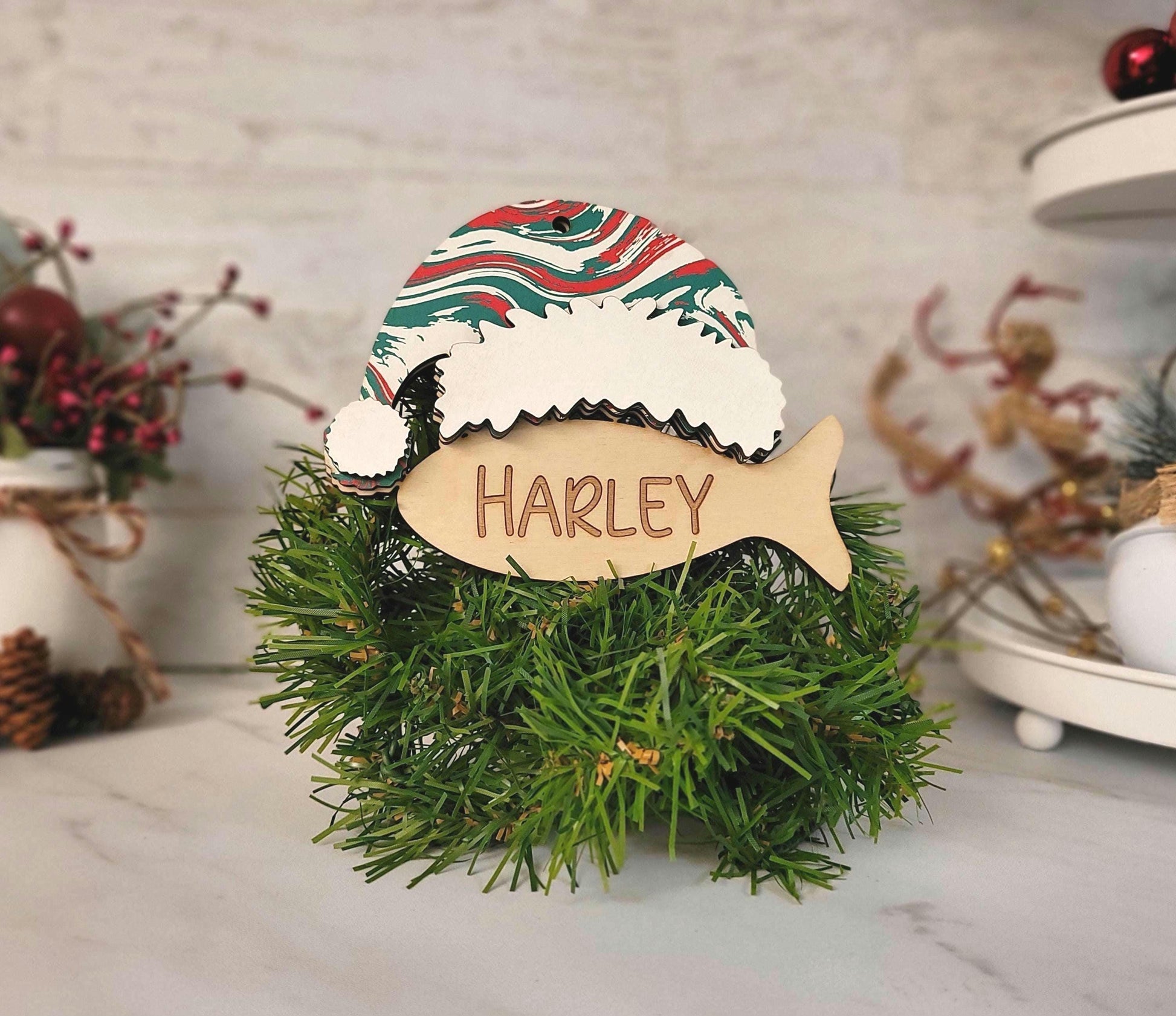 Cat Christmas stocking tag, custom Personalized laser cut engraved fish. Pet lover gift ornament.