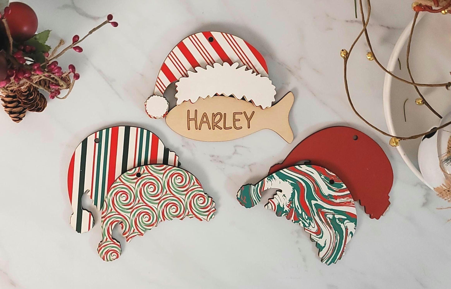 Cat Christmas stocking tag, custom Personalized laser cut engraved fish. Pet lover gift ornament.