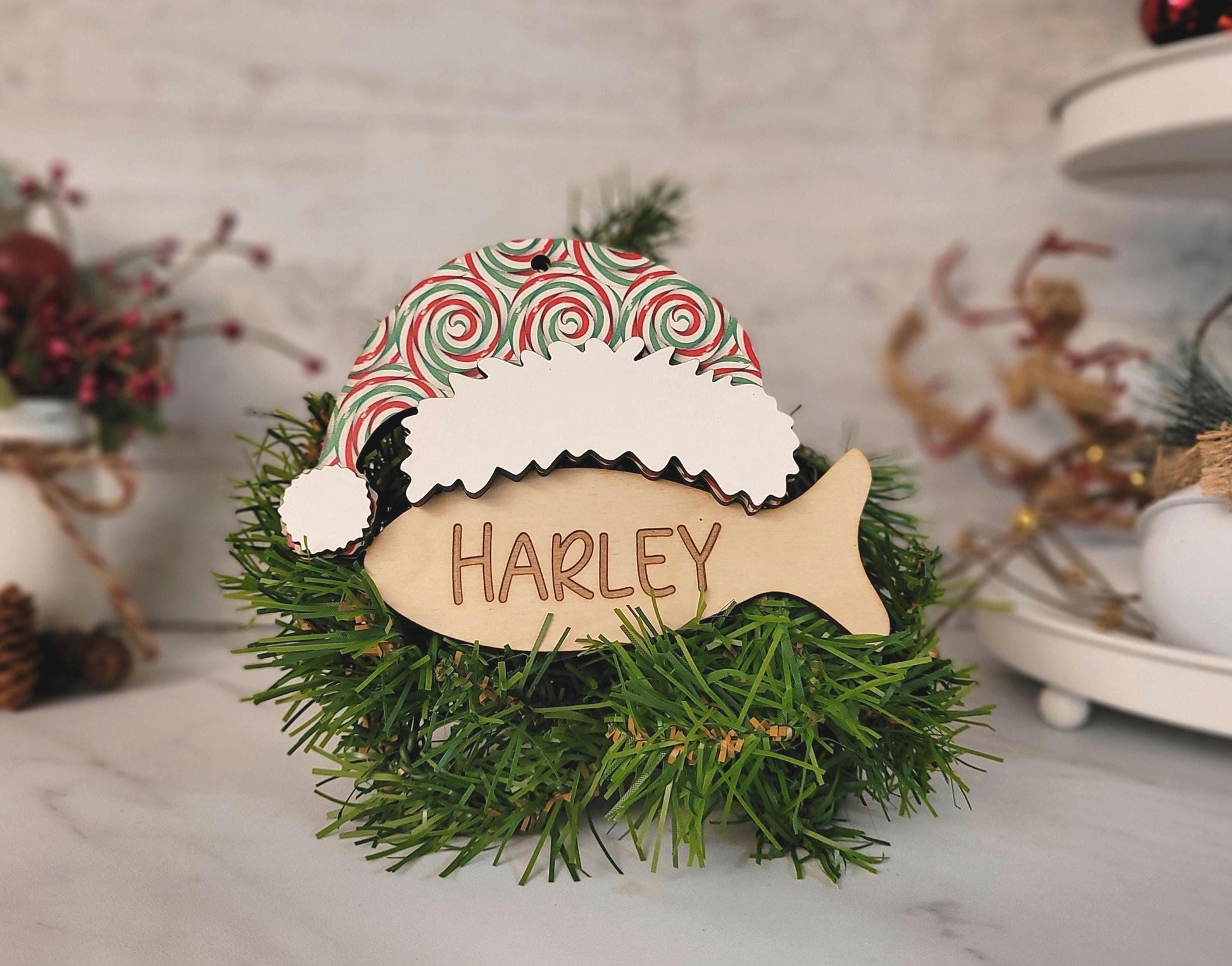 Cat Christmas stocking tag, custom Personalized laser cut engraved fish. Pet lover gift ornament.