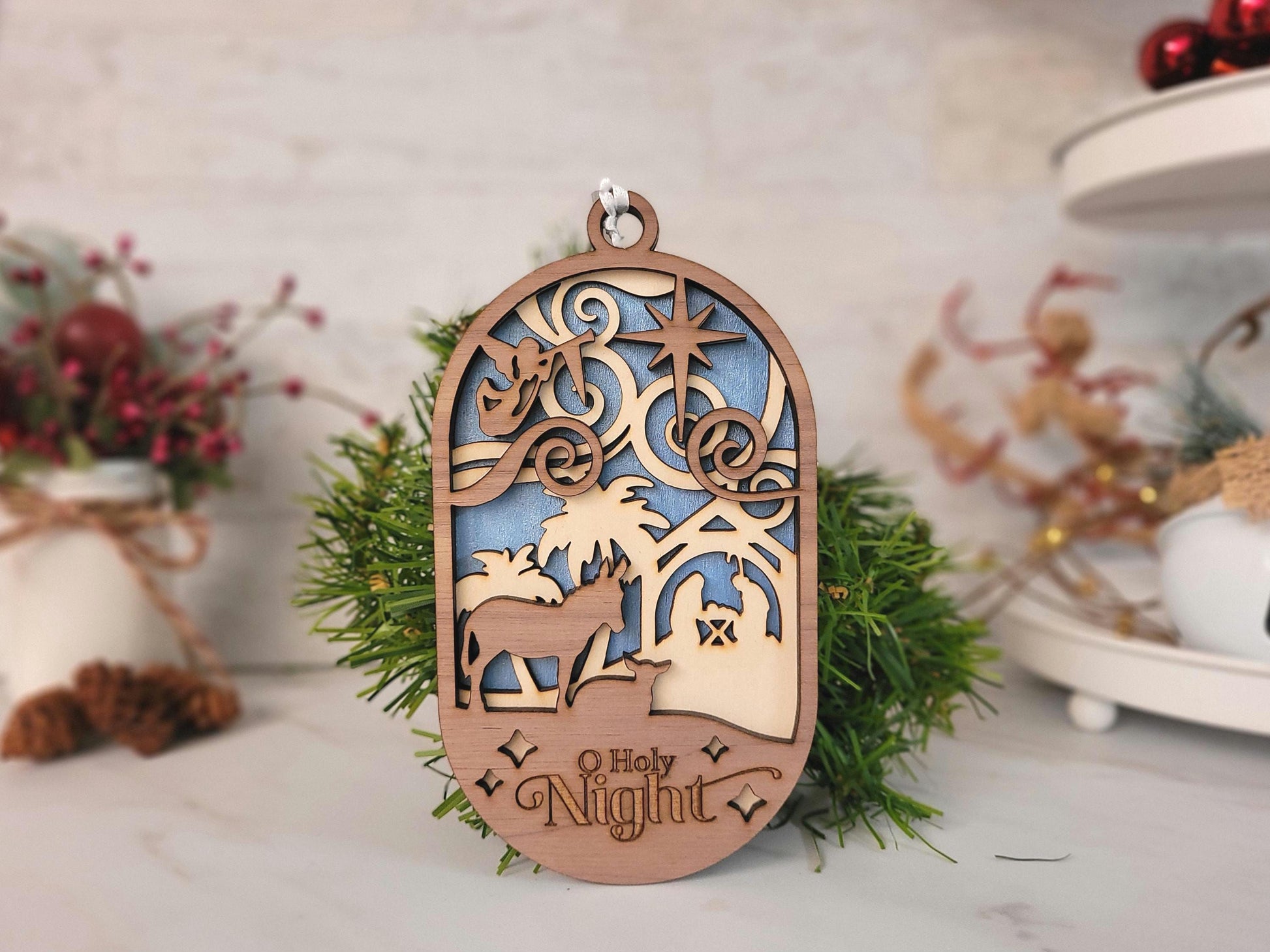 O Holy Night nativity ornament, layered wood laser cut decor, Christian Christmas ornament gift
