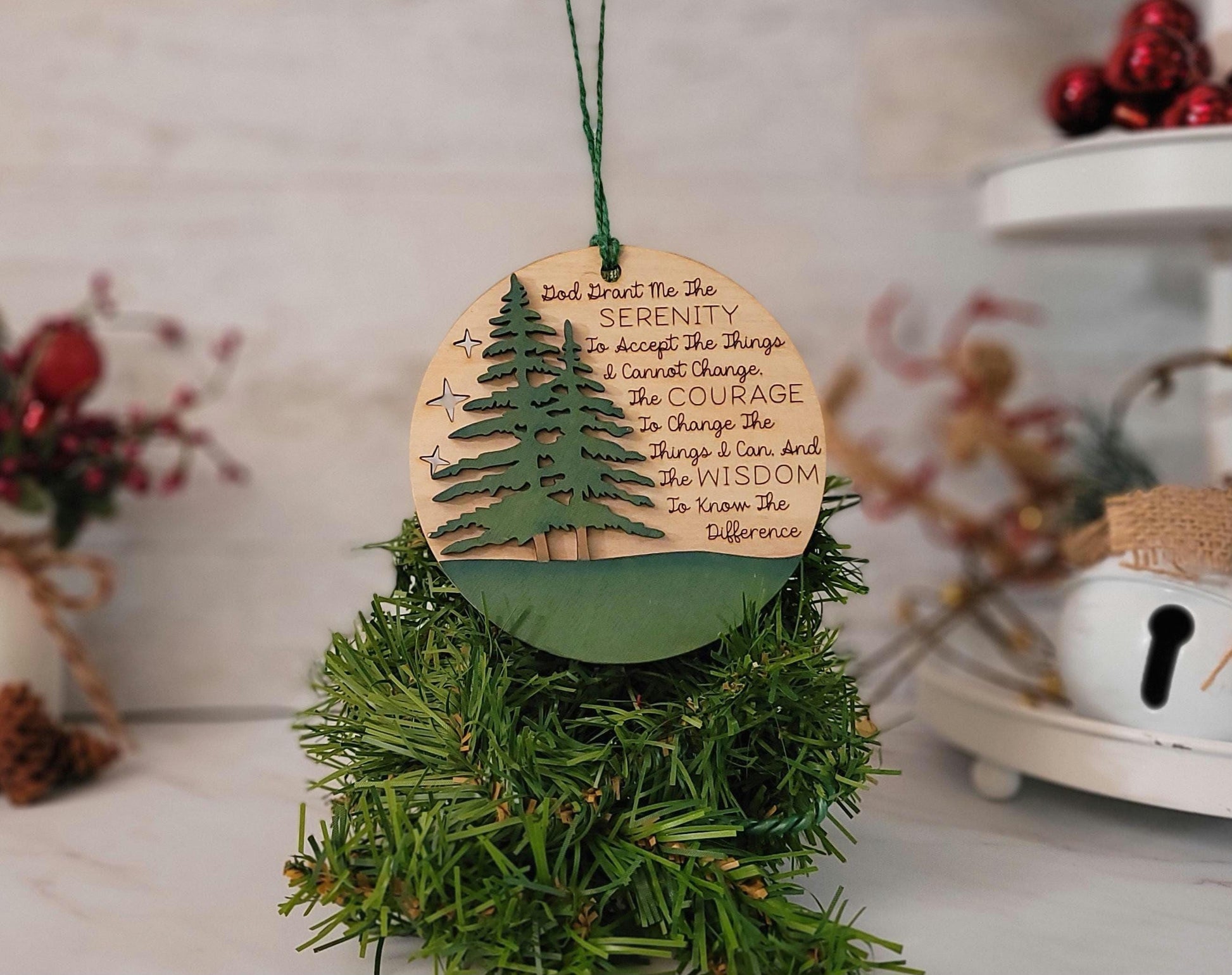 Serenity Prayer laser engraved and cut Christmas ornament, Recovery encouragement.