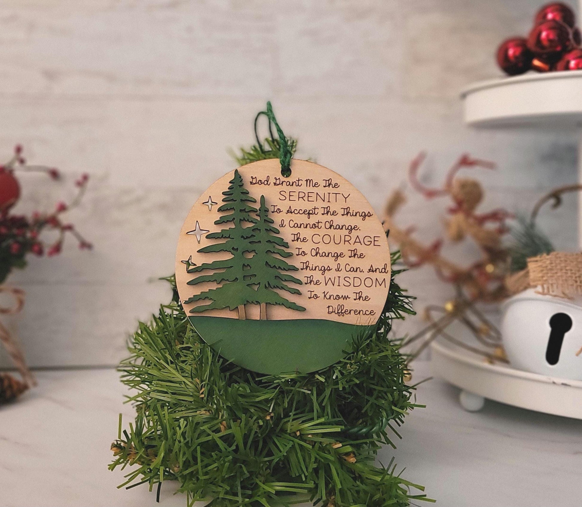 Serenity Prayer laser engraved and cut Christmas ornament, Recovery encouragement.