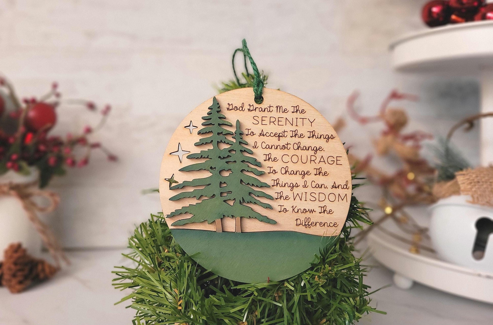 Serenity Prayer laser engraved and cut Christmas ornament, Recovery encouragement.