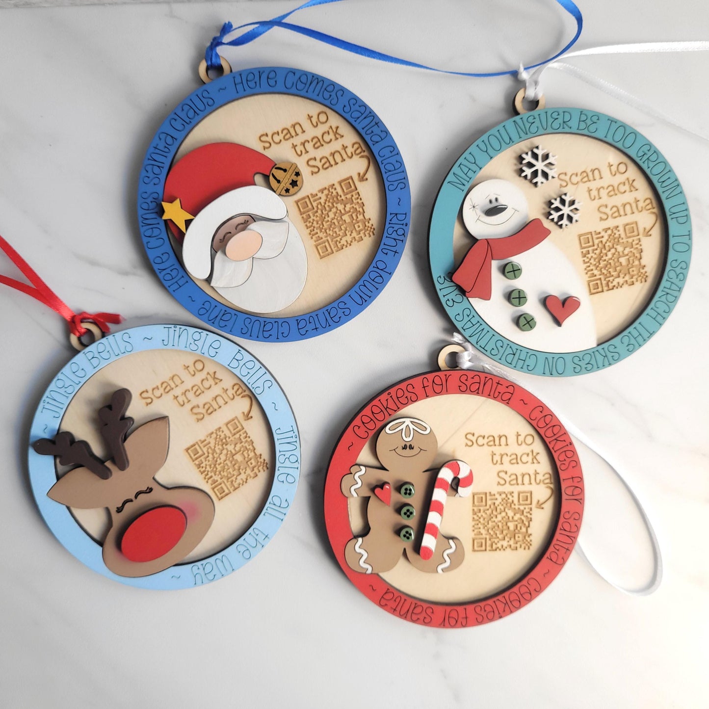 Santa Tracker QR code scan laser cut Christmas Ornament, Assorted Character Choices