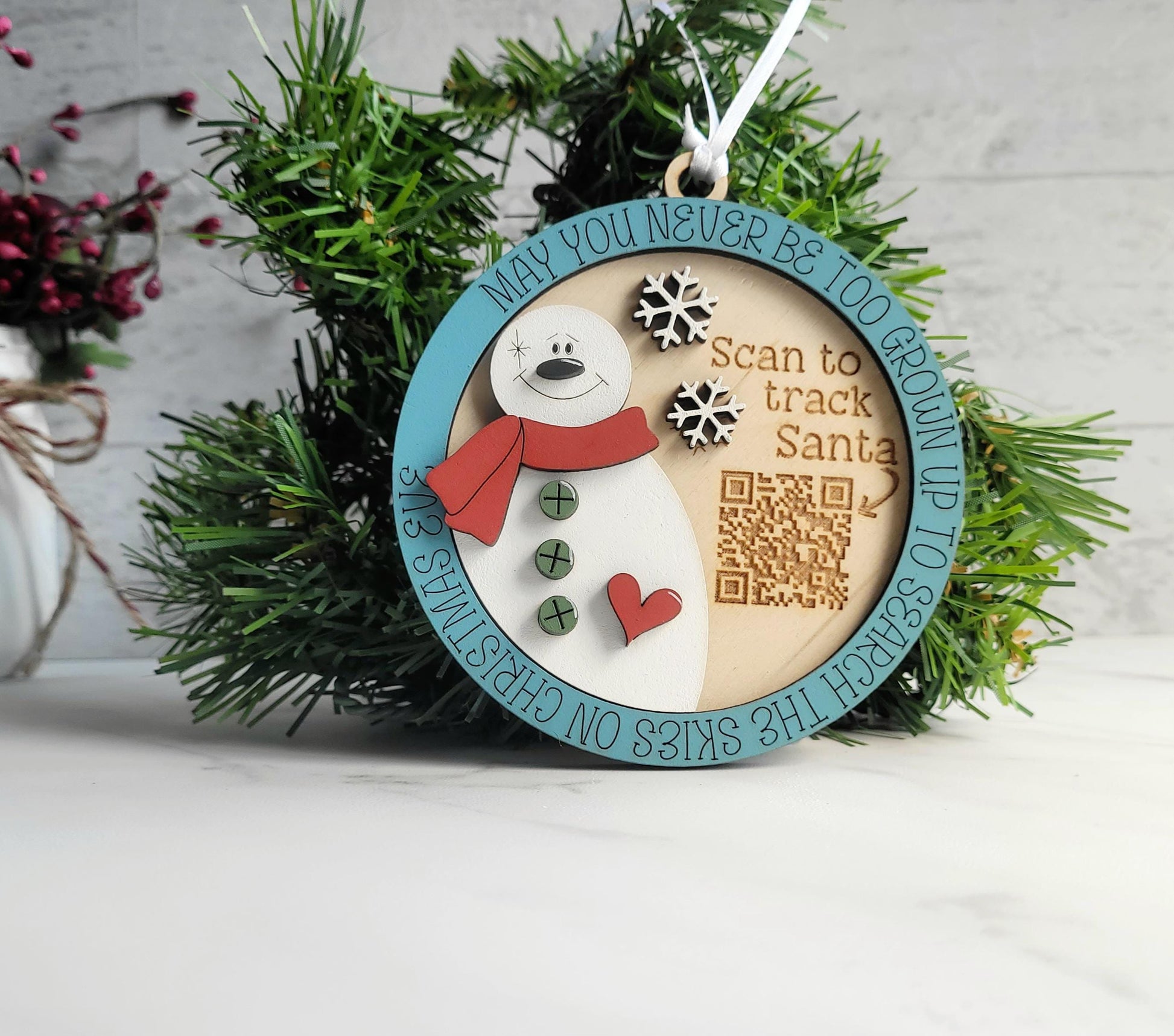 Santa Tracker QR code scan laser cut Christmas Ornament, Assorted Character Choices