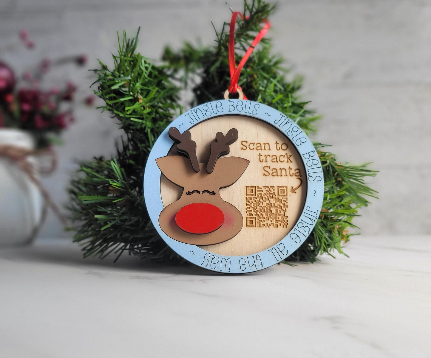 Santa Tracker QR code scan laser cut Christmas Ornament, Assorted Character Choices