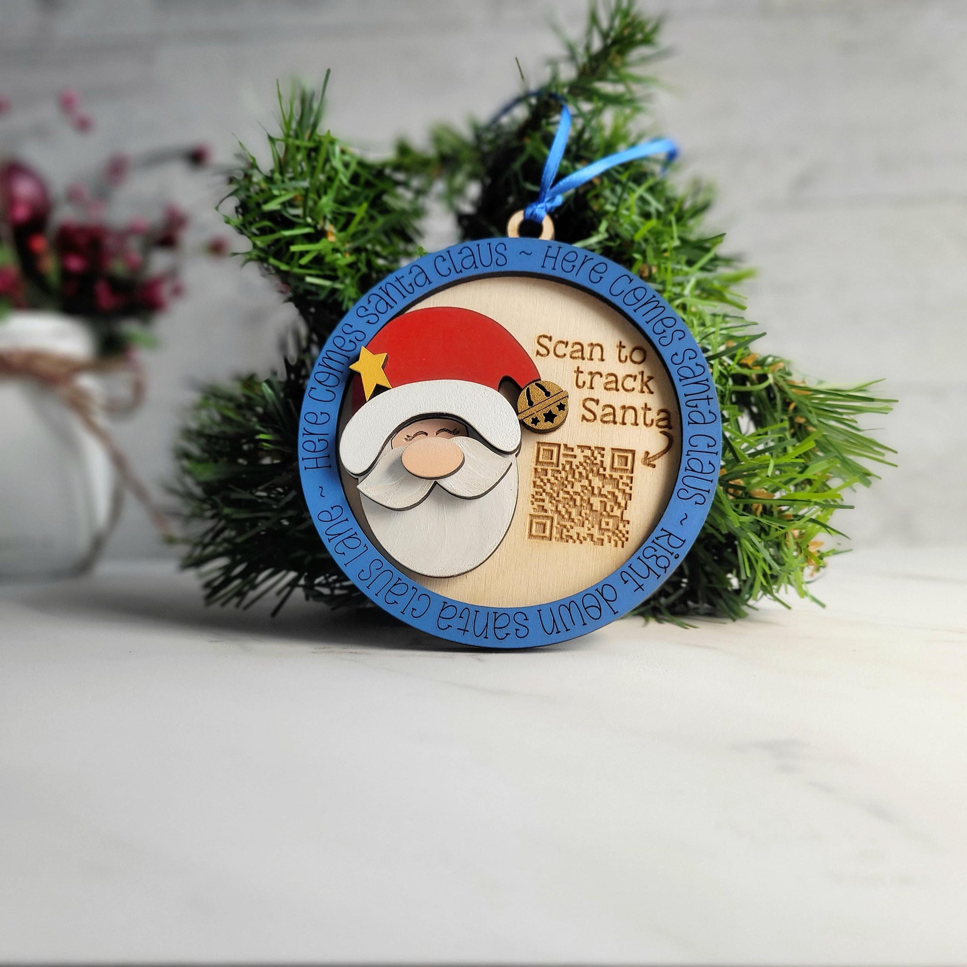 Santa Tracker QR code scan laser cut Christmas Ornament, Assorted Character Choices