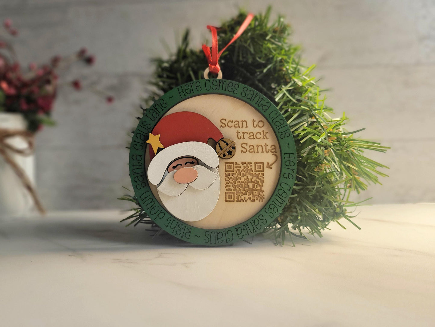 Santa Tracker QR code scan laser cut Christmas Ornament, Assorted Character Choices