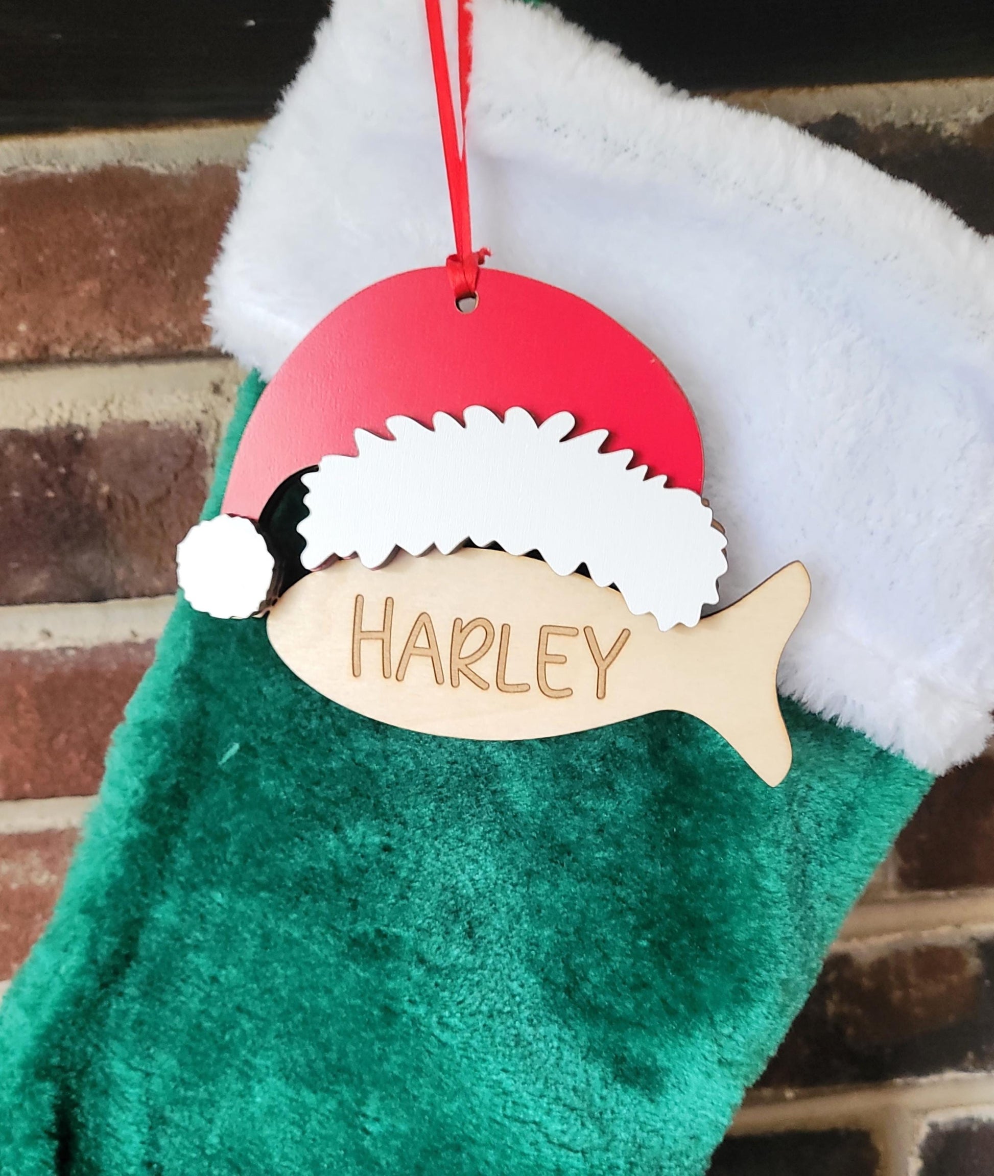 Cat Christmas stocking tag, custom Personalized laser cut engraved fish. Pet lover gift ornament.