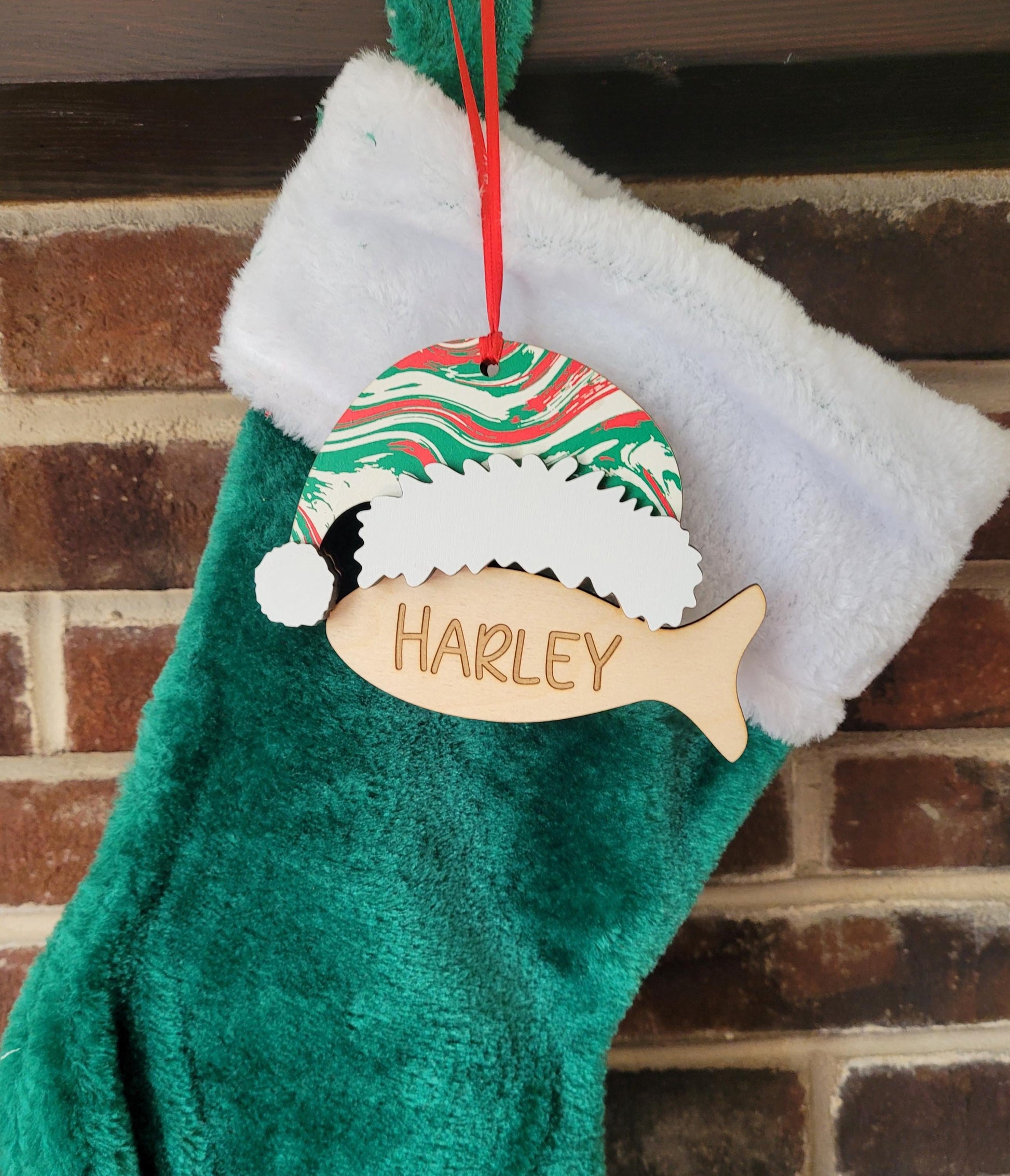 Cat Christmas stocking tag, custom Personalized laser cut engraved fish. Pet lover gift ornament.