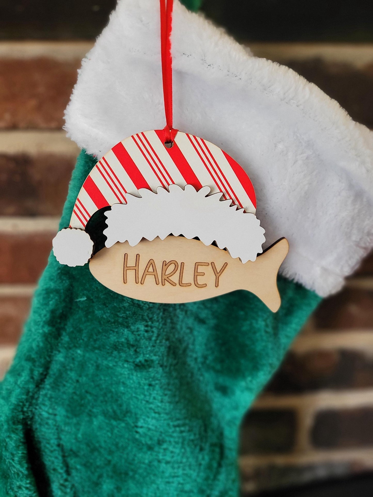Cat Christmas stocking tag, custom Personalized laser cut engraved fish. Pet lover gift ornament.