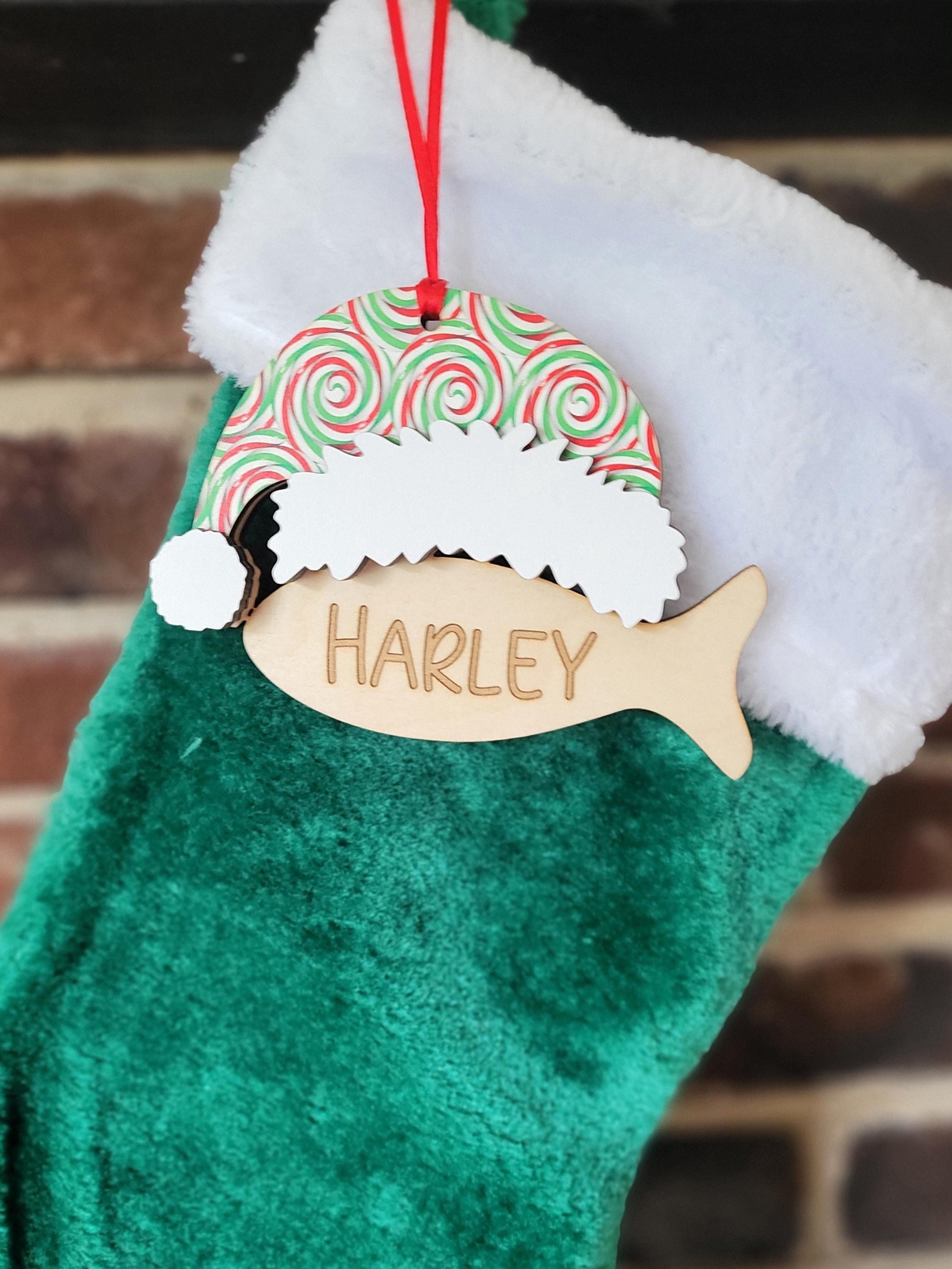 Cat Christmas stocking tag, custom Personalized laser cut engraved fish. Pet lover gift ornament.